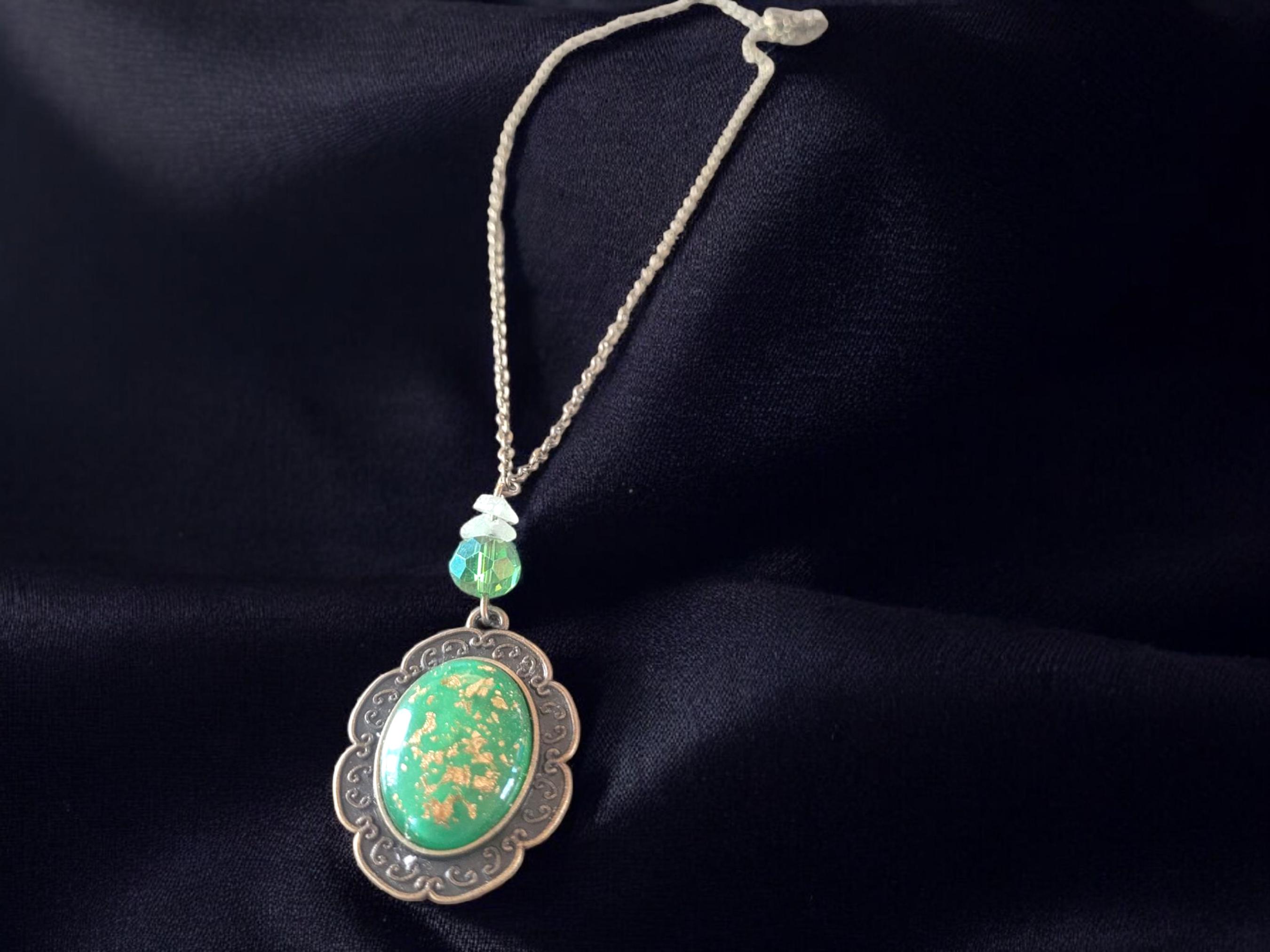 Green and Gold flake Glass Cabochon Pendant Necklace - Thumbnail 3