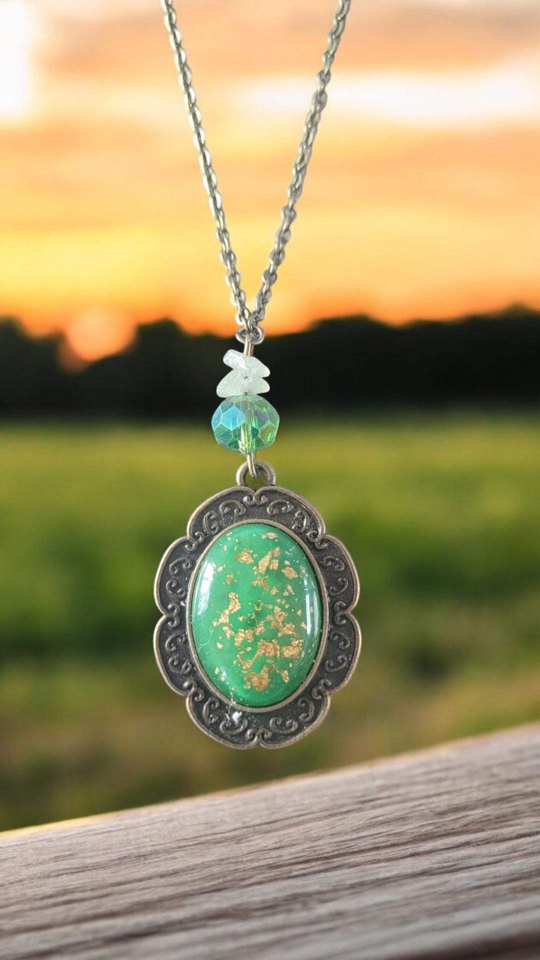 Green and Gold flake Glass Cabochon Pendant Necklace