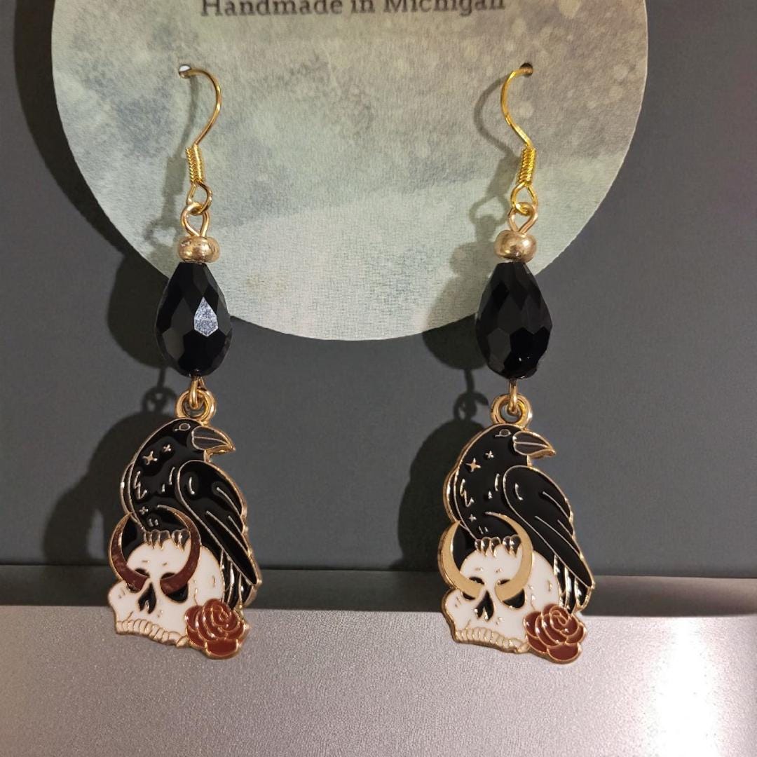 Raven with Skull Earrings -nickel free