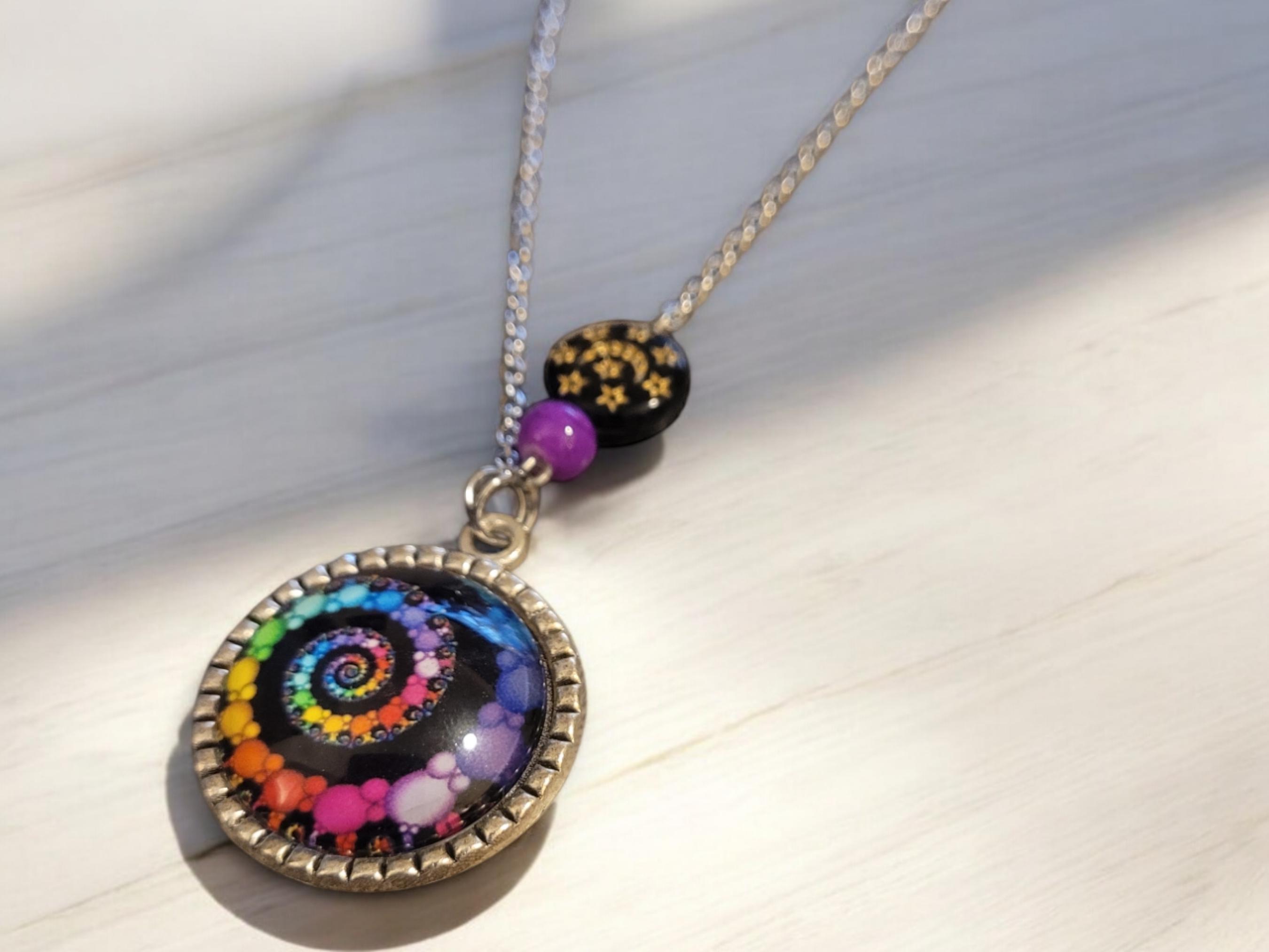 Rainbow Swirl glass cabochon Necklace - Thumbnail 4