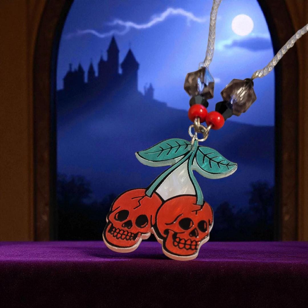 Skull Cherries - Acrylic Pendant Necklace - Thumbnail 4