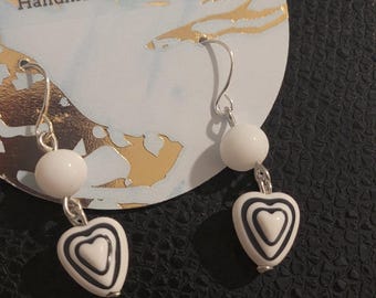 Vintage White and Black Heart Earrings - nickel free