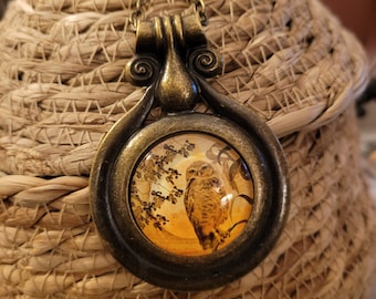 Large Owl cabochon necklace - Bronze