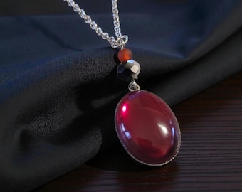 Handmade Ruby Red Glass Cabochon Silver Necklace – Nickel-Free