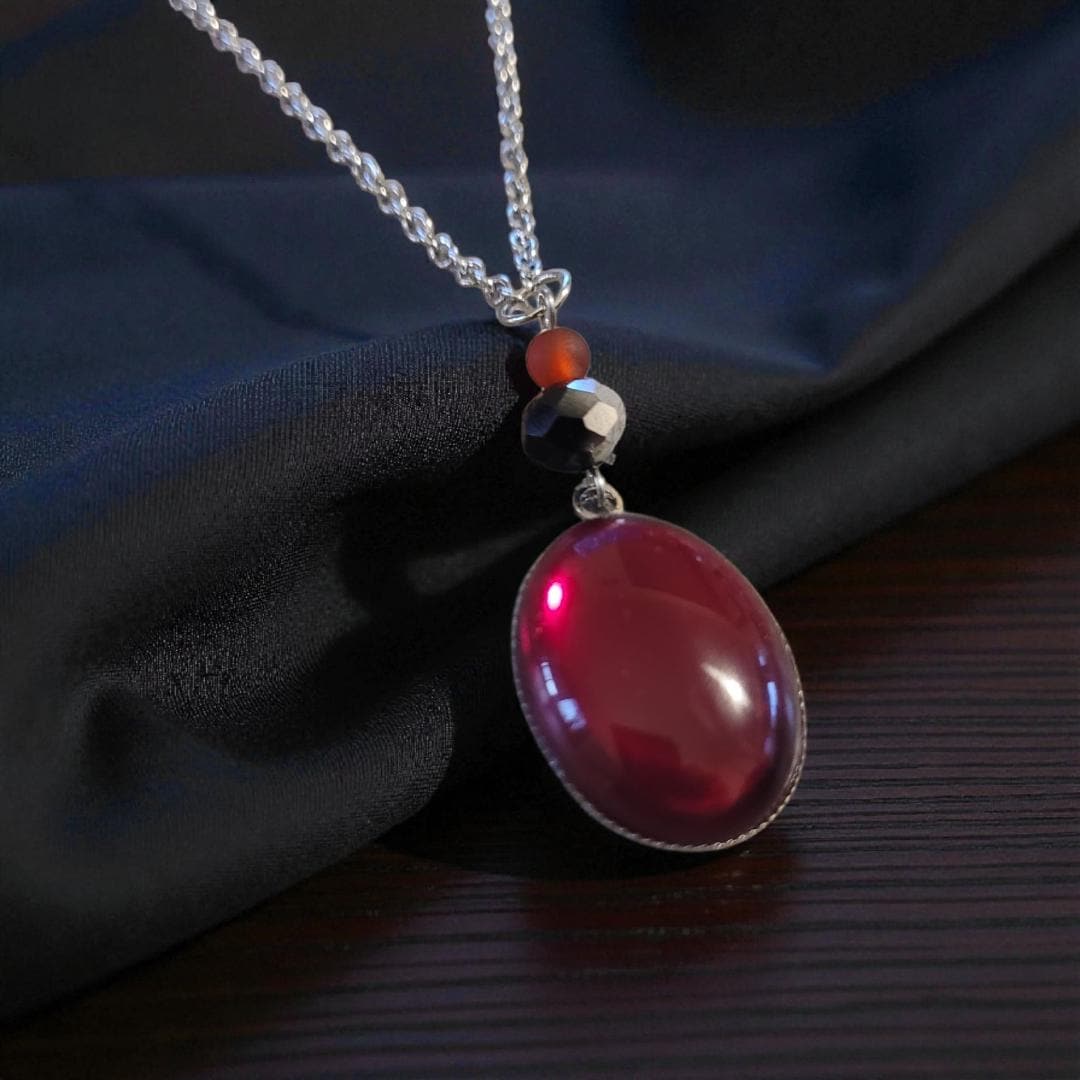 Handmade Ruby Red Glass Cabochon Silver Necklace – Nickel-Free