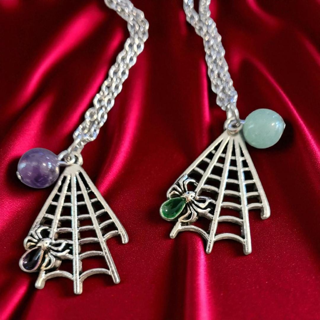 Spiderweb and Stone Pendant Necklace - Image 1