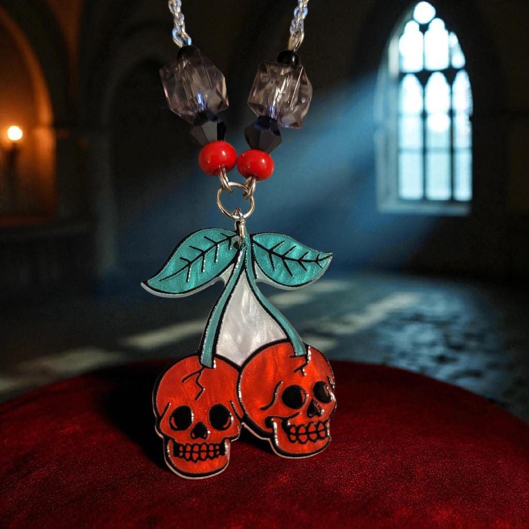 Skull Cherries - Acrylic Pendant Necklace - Image 1