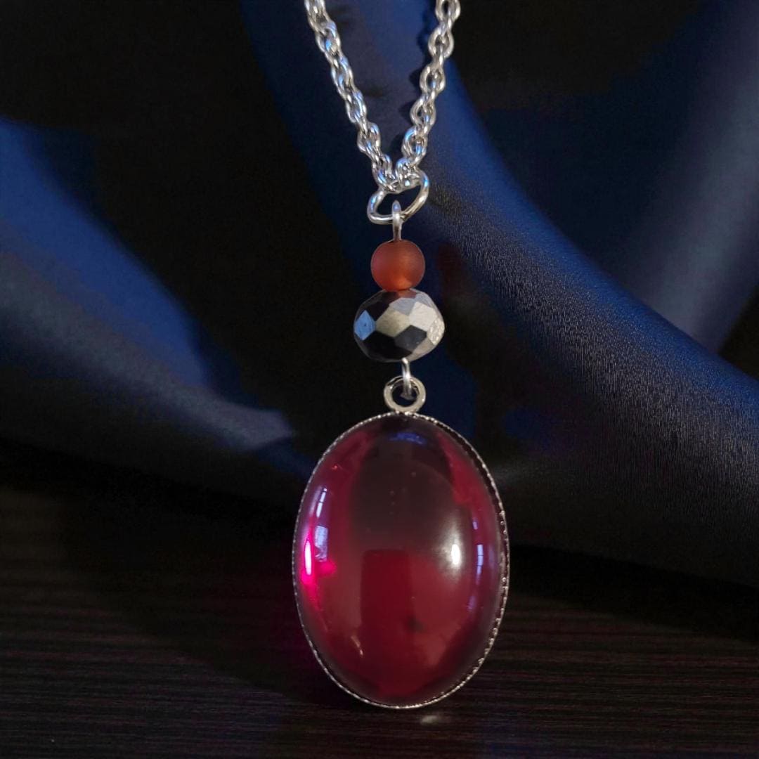 Handmade Ruby Red Glass Cabochon Silver Necklace – Nickel-Free - Thumbnail 2
