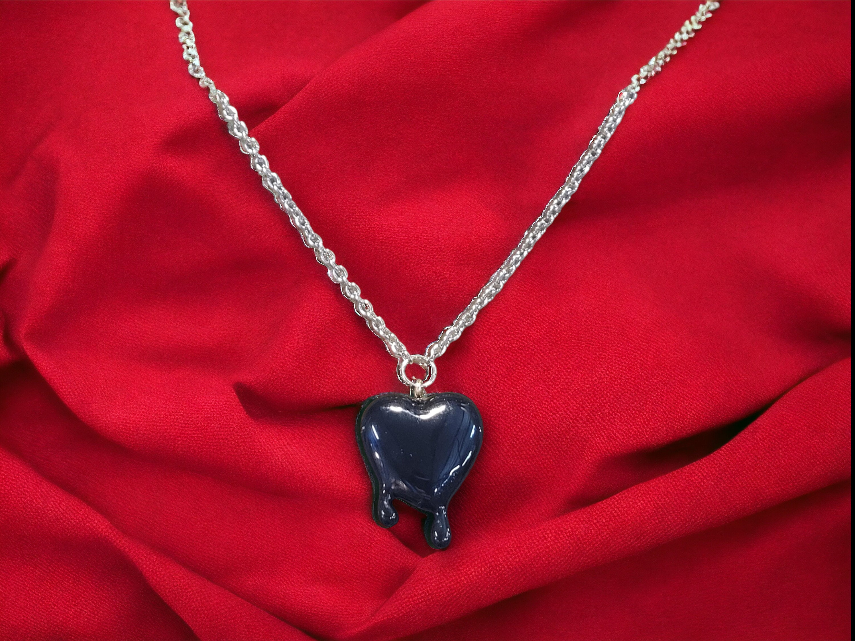 Drippy Ink Black Heart Pendant Necklace - Image 1