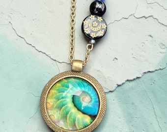 Peacock Fractals glass cabochon Necklace
