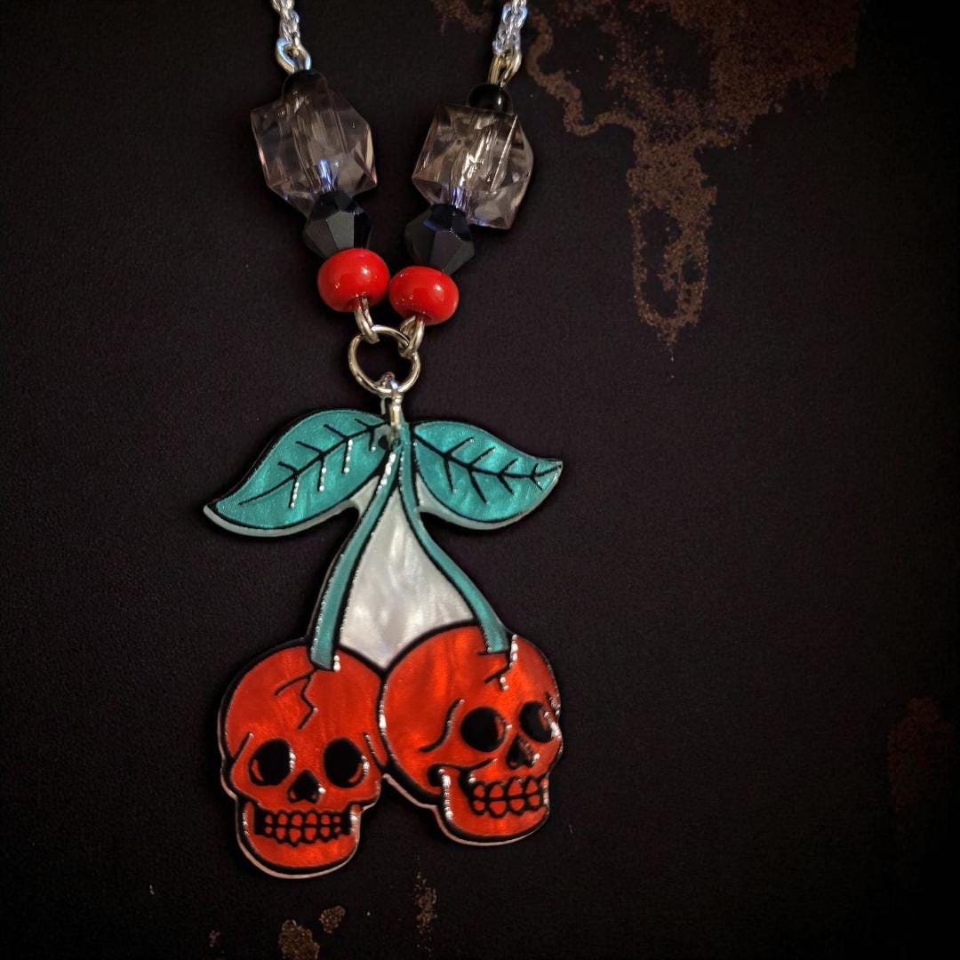 Skull Cherries - Acrylic Pendant Necklace - Thumbnail 2