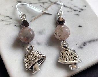 Mushroom Earrings with Rhodonite stones - Nickel free