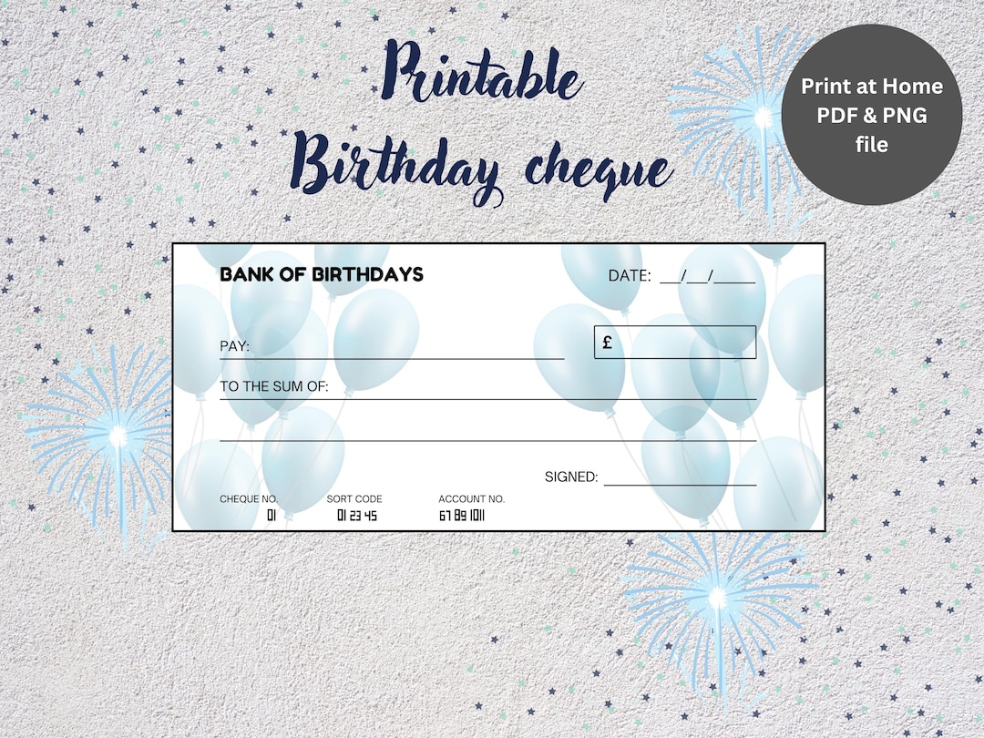 Printable Birthday Blank Fake Cheque Money Gift, With Blue Balloon ...