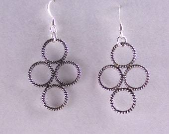 Oxidized Sterling Silver Earrings - Handmade Dangle - Small Silver Circles - Four Circles Earrings - Bubble Earrings - Braided Rings -