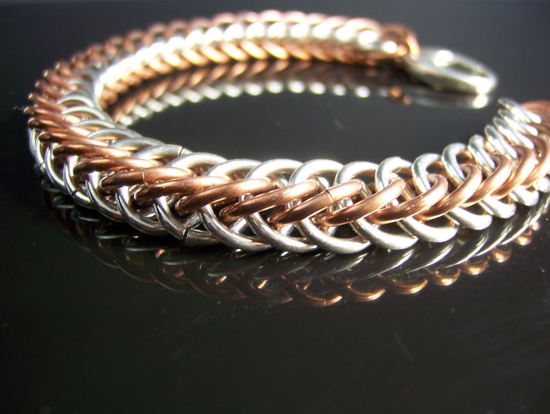 Men's Solid Sterling Silver Copper Bracelet Mixed Metal Chainmaille