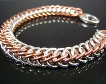 Men's Solid Sterling Silver Copper Bracelet - Mixed Metal Chainmaille - Heavy Link Chain - Chunky Bracelet - Statement Jewelry - Rocker Chic