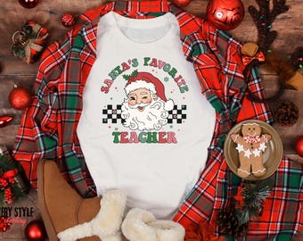 Santa’s Favorite Teacher Shirt, Teacher Christmas Shirt, Holiday Teacher Tee, Cute Teacher Gift, Christmas School Shirt for Women