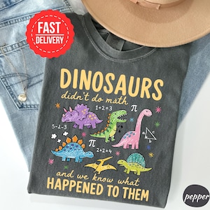 A gray t-shirt with a playful dinosaur-themed design, along with text that reads "DINOSAURS didn't do math and we know what happened to them".