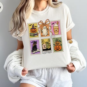 Comfort Colors Halloween Shirt, Cute Ghost Cat Pumpkin Tee, Retro Spooky Fall T-Shirt for Women, Aesthetic Halloween Gift Idea