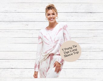 Top de manga comprida T Party Tie Dye | Capota flexível | Suéter | Em branco | Loja | Suave | Tintura de gravata rosa | Suéter Tie Dye em branco | Camisa | Top moderno