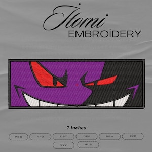 May include: Purple and black embroidered patch of a cartoon character with red eyes and a wide grin. The patch is 7 inches wide and includes the text "Homi Embroidery".