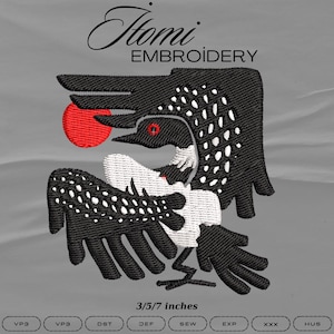 May include: An embroidery design featuring a stylised black bird with white spotted wings and a red eye, holding a red circle. The text Itomi EMBROIDERY appears above, with 3/5/7 inches and file formats VP3, DST, JEF, SEW, EXP, XXX, HUS listed below.