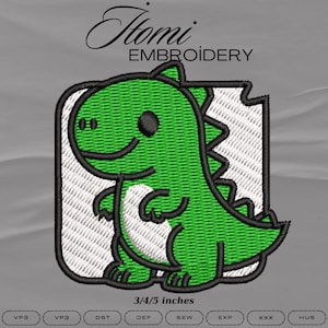 May include: Green dinosaur embroidery design with black outlines and details, set within a white rectangle. The design is labeled "3/4/5 inches" and includes the text "Homi EMBROIDERY".