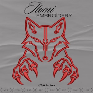 Pode incluir: Design bordado vermelho de uma cabeça de lobo e garras, com o texto "Homi EMBROIDERY" no topo. O design mede 10,16/12,7/15,24 cm. O design está em um fundo cinza.