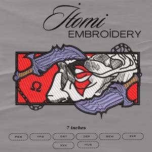 May include: A 7-inch embroidery design featuring a purple and white skull with a red background and a chain. The design includes the Greek letter Omega and the text "Homi Embroidery".