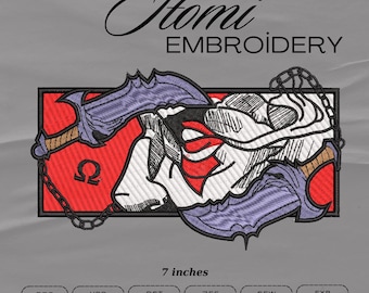 May include: A 7-inch embroidery design featuring a purple and white skull with a red background and a chain. The design includes the Greek letter Omega and the text "Homi Embroidery".