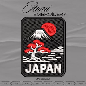 May include: Black embroidered patch featuring a Japanese landscape with a red sun, a snow-capped mountain, and a tree with red leaves. The word "JAPAN" is in white block letters. The patch measures 3/5 inches.