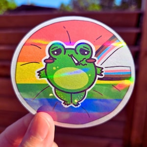 Stoaggie Chill Pride Lilypad Stickers – Holographic LGBTQ+ Frogcore Vinyl | Frogs Are Gay Stoners Collection