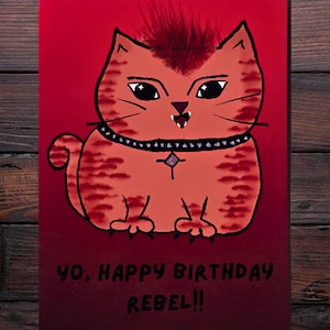Verjaardagskaart Punk Kitty – Rebelse kat met attitudebegroeting | Punk verjaardagskaart | Alt-verjaardagskaart | Rebellenwenskaart