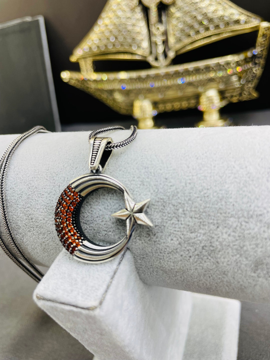 Men's Silver Turkish Ring Mother of Pearl with Crescent Moon & Star
