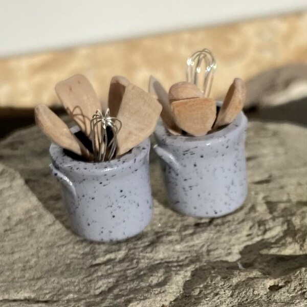 Miniature gray and black speckled crock with kitchen cooking utensils for dioramas, shadow boxes, doll houses, displays, and collectors.