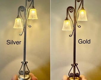 Dollhouse floor lamp with 2 lights, ornate details, wired battery powered, handmade miniature 5.25 inch tall lamp in gold or silver finish.