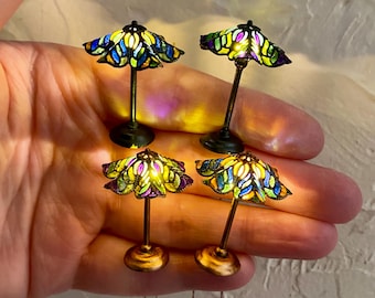 Miniature stained glass flower shade lamp, iron or tarnished bronze finish, 3 volt battery or 12 volt with plug, 2 shade color combo choices