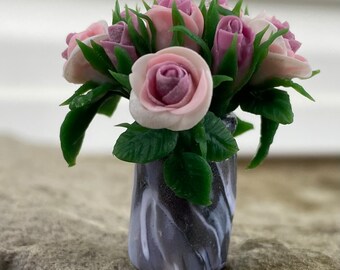 Miniature, marble look vase filled with pinkish lavender roses for dioramas, shadow boxes, doll houses, displays, and collectors.