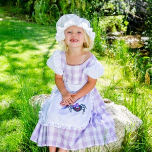 Little Miss Muffett dress and mop cap, Girls costume NEW Fairy tale, nursery rhyme, curds & whey, gingham check, purple, spider, story book, image 10