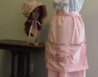 Pioneer Trek 3 piece Set, embroidered apron, bonnet, skirt, Wagon Train reeneactment, Prairie Clothes, Pioneer Clothing, Vintage Pink Roses