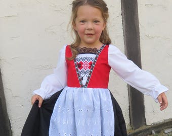 Norwegian, Bunad Inspired, Girls Costume, Scandinavian, Norway, Hardanger, Nordic International Folk Costume Dress, Girls size 2 thru 8. New