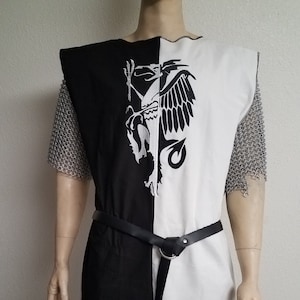 Black & White Mens Medieval Knight surcoat with rampant dragon, renaissance garb, cosplay crusades, Lancelot, Search for Holy Grail, tabard