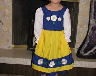 Cute Swedish National Girls Costume Scandinavian Sweden International Folk Costume Dress, blue, yellow daisies, dress-up, traditional, new