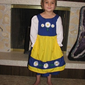 Cute Swedish National Girls Costume Scandinavian Sweden International Folk Costume Dress, blue, yellow daisies, dress-up, traditional, new image 1