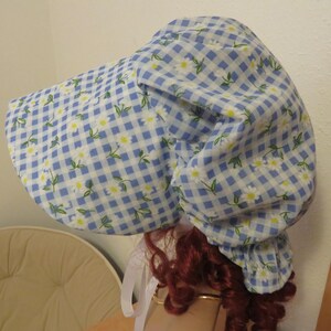 Women's Blue Gingham Check Pioneer Prairie Victorian Civil War Bonnet Sunbonnet Primitive image 2