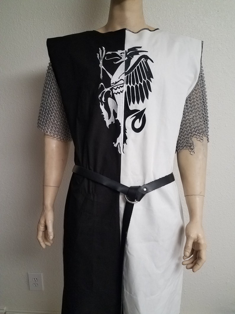 Black & White Mens Medieval Knight surcoat with rampant dragon, renaissance garb, cosplay crusades, Lancelot, Search for Holy Grail, tabard image 1