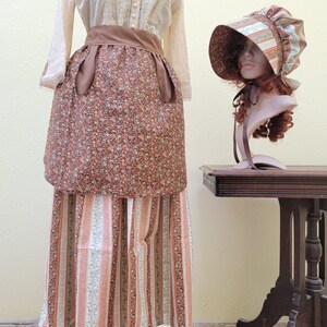 Women's / Teens 3 piece pioneer set, apron, skirt, bonnet, prairie outfit, pioneer trek clothing, wagon train reenactment, 1800's, Browns image 3