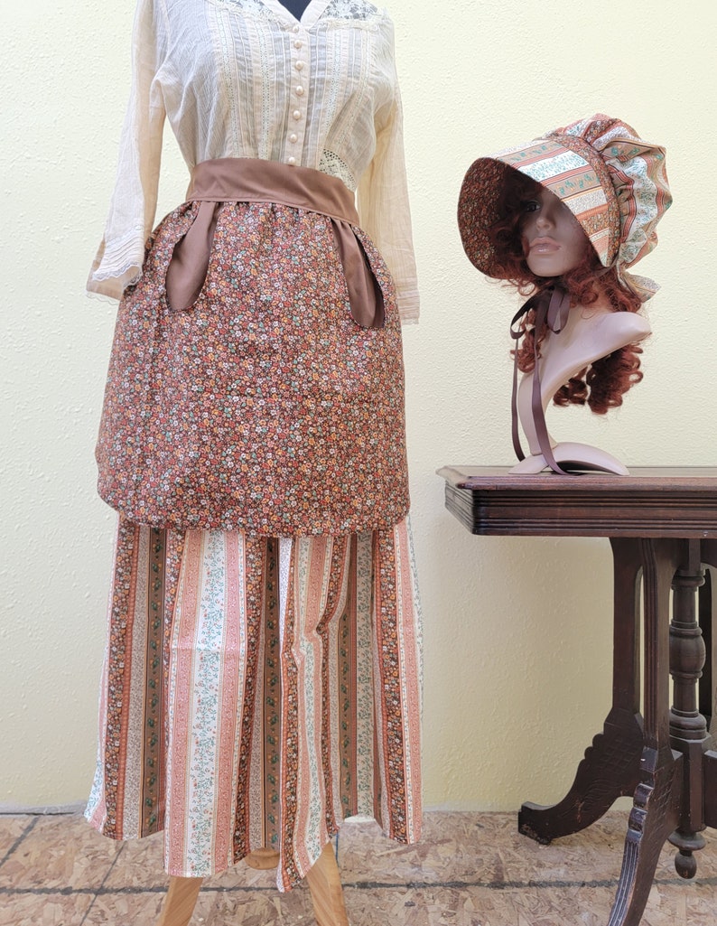 Women's / Teens 3 piece pioneer set, apron, skirt, bonnet, prairie outfit, pioneer trek clothing, wagon train reenactment, 1800's, Browns image 3