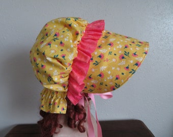 Teens Ladies Pioneer Trek, Prairie, Victorian, Civil War Bonnet, Sunbonnet, Primitive, historical, hat, reenactment, yellow and pink, 1800's