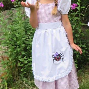 Little Miss Muffett dress and mop cap, Girls costume NEW Fairy tale, nursery rhyme, curds & whey, gingham check, purple, spider, story book, image 3